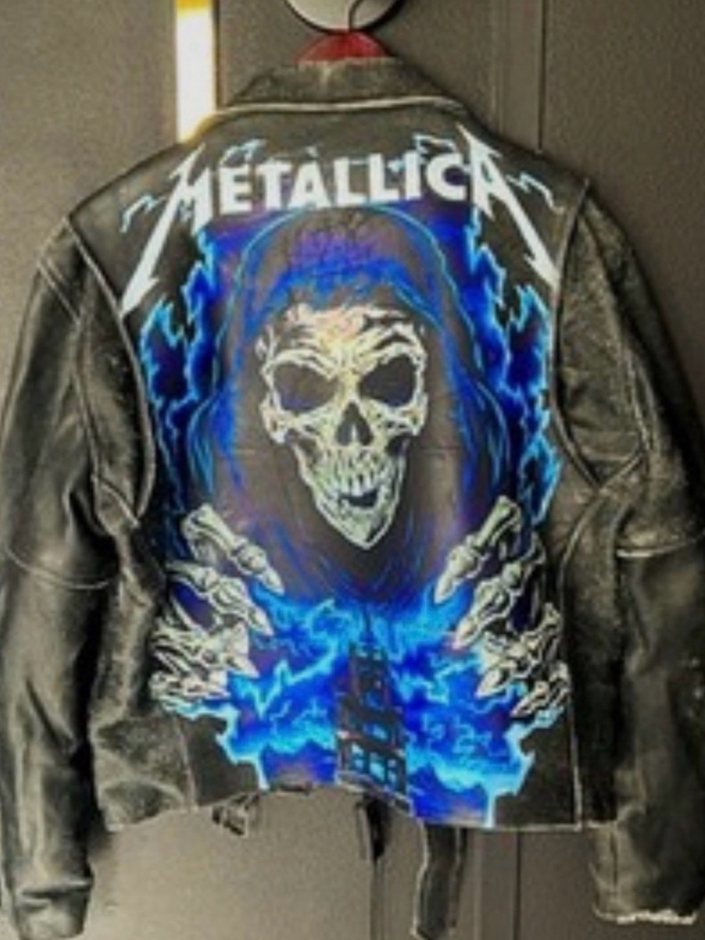 Vintage Metallica Leather Biker Jacket with Blue Skull Back Graphic - Style